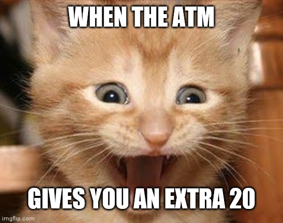 Excited Cat Meme | WHEN THE ATM; GIVES YOU AN EXTRA 20 | image tagged in memes,excited cat | made w/ Imgflip meme maker