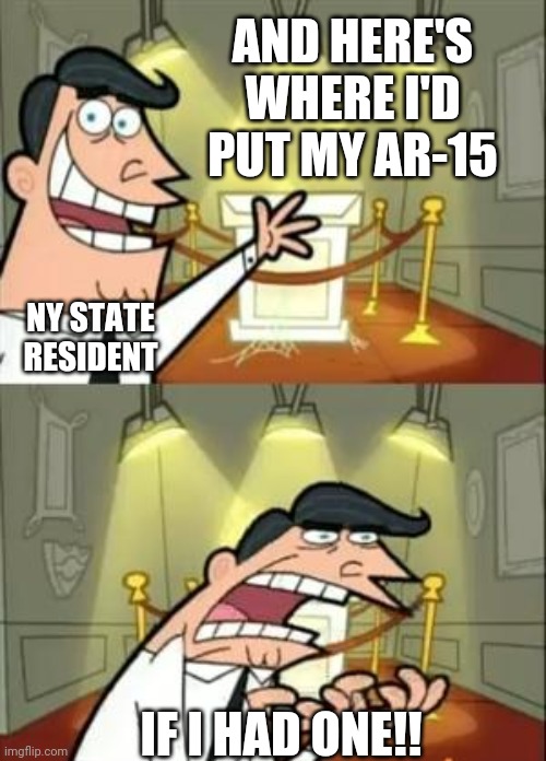 Fairly Odd Gun Laws | AND HERE'S WHERE I'D PUT MY AR-15; NY STATE RESIDENT; IF I HAD ONE!! | image tagged in memes,this is where i'd put my trophy if i had one,guns,nra,ar15,ar-15 | made w/ Imgflip meme maker