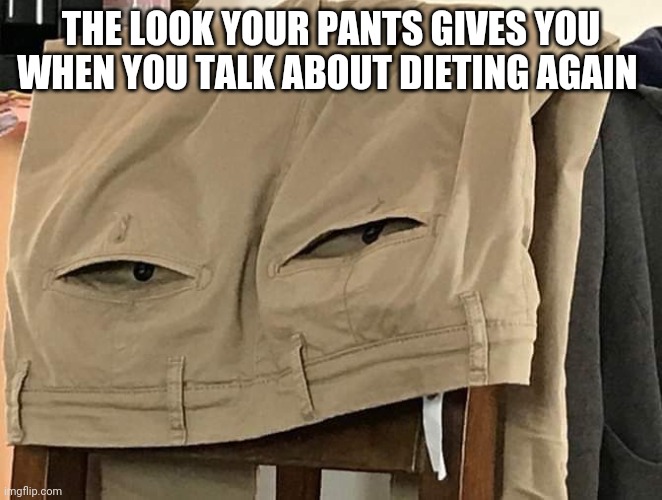 Diet Riot | THE LOOK YOUR PANTS GIVES YOU WHEN YOU TALK ABOUT DIETING AGAIN | image tagged in dieting,pants,that look | made w/ Imgflip meme maker