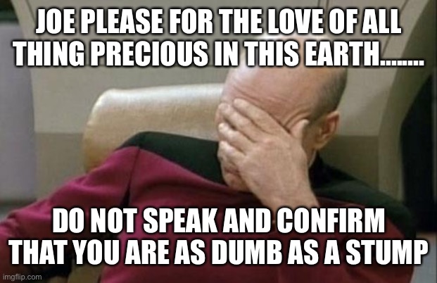 Captain Picard Facepalm Meme | JOE PLEASE FOR THE LOVE OF ALL THING PRECIOUS IN THIS EARTH........ DO NOT SPEAK AND CONFIRM THAT YOU ARE AS DUMB AS A STUMP | image tagged in memes,captain picard facepalm | made w/ Imgflip meme maker