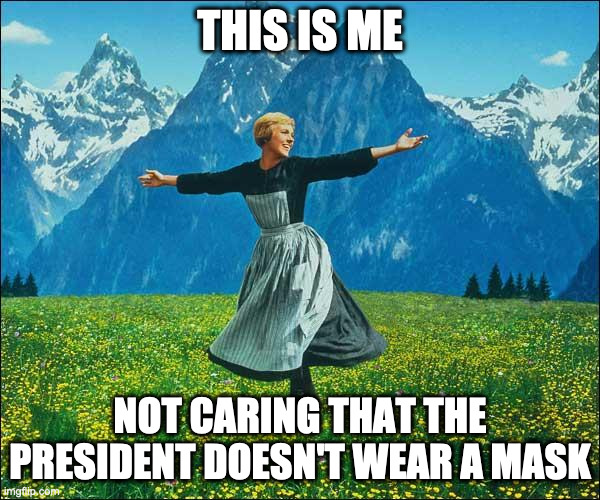 The Masked Grifter | THIS IS ME; NOT CARING THAT THE PRESIDENT DOESN'T WEAR A MASK | image tagged in julie andrews | made w/ Imgflip meme maker