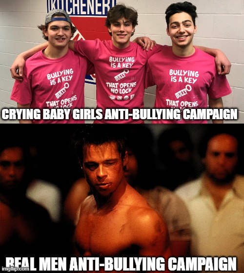 pink shirt campaign | CRYING BABY GIRLS ANTI-BULLYING CAMPAIGN; REAL MEN ANTI-BULLYING CAMPAIGN | image tagged in pink shirt,bullying | made w/ Imgflip meme maker