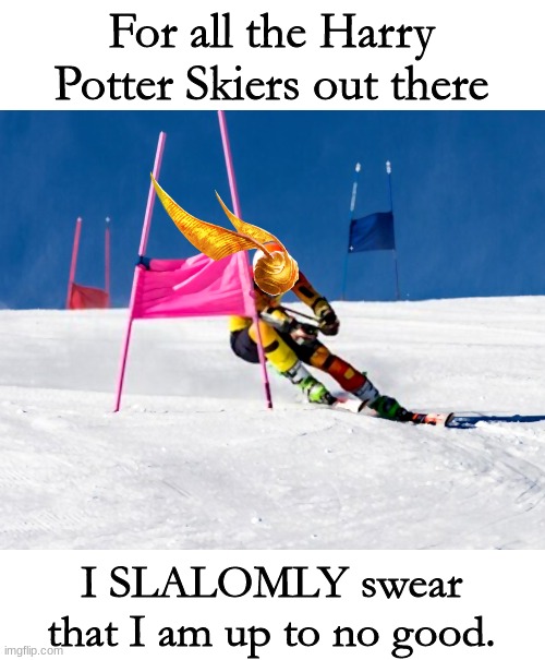 Golden Snitch Skiing | For all the Harry Potter Skiers out there; I SLALOMLY swear that I am up to no good. | image tagged in slalom skiing,books,harry potter,funny memes | made w/ Imgflip meme maker