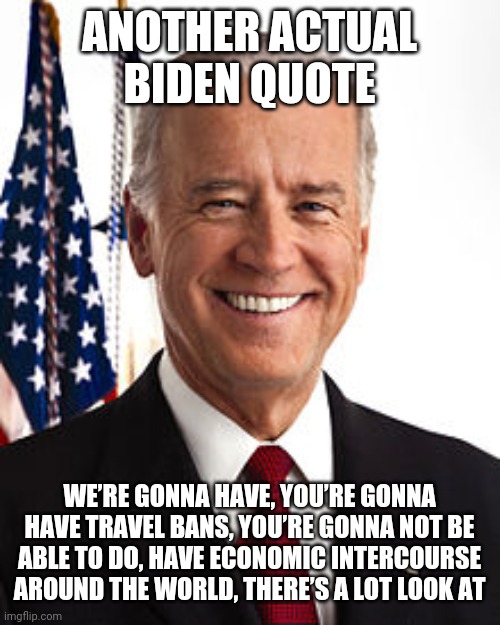 Joe Biden Meme | ANOTHER ACTUAL BIDEN QUOTE WE’RE GONNA HAVE, YOU’RE GONNA HAVE TRAVEL BANS, YOU’RE GONNA NOT BE ABLE TO DO, HAVE ECONOMIC INTERCOURSE AROUND | image tagged in memes,joe biden | made w/ Imgflip meme maker