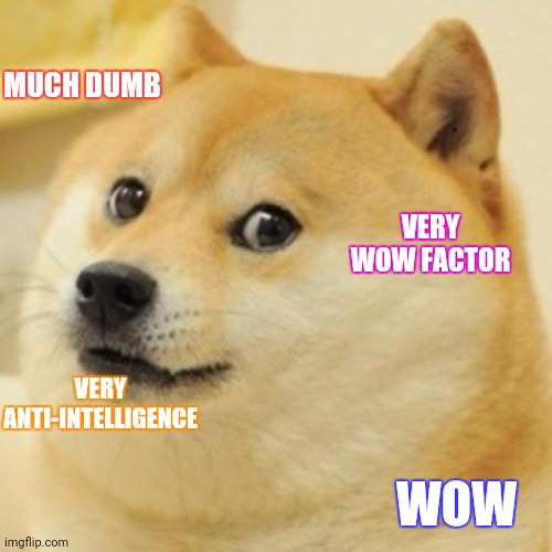 wow doge | MUCH DUMB WOW VERY ANTI-INTELLIGENCE VERY WOW FACTOR | image tagged in wow doge | made w/ Imgflip meme maker