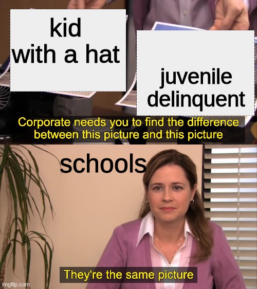 there the same picture | kid with a hat; juvenile delinquent; schools | image tagged in there the same picture | made w/ Imgflip meme maker