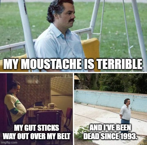 Sad and Dead Pablo Escobar |  MY MOUSTACHE IS TERRIBLE; MY GUT STICKS WAY OUT OVER MY BELT; AND I'VE BEEN DEAD SINCE 1993. | image tagged in memes,sad pablo escobar,drugs,thug,medelin cartel,dead | made w/ Imgflip meme maker