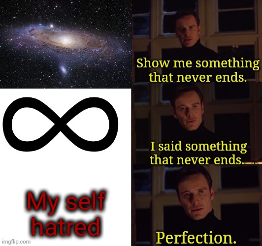 Sound familiar to anyone else? | My self hatred | image tagged in perfection | made w/ Imgflip meme maker