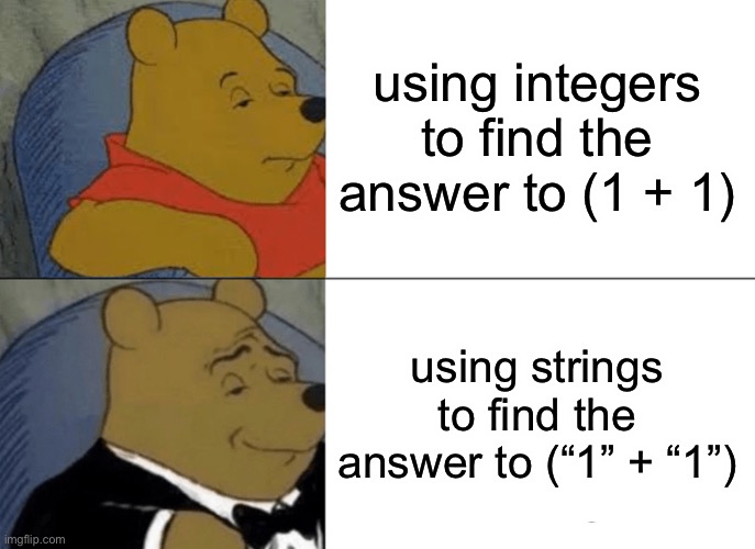 Tuxedo Winnie The Pooh Meme | using integers to find the answer to (1 + 1) using strings to find the answer to (“1” + “1”) | image tagged in memes,tuxedo winnie the pooh | made w/ Imgflip meme maker