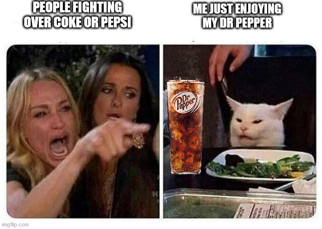 dr peppie | PEOPLE FIGHTING OVER COKE OR PEPSI; ME JUST ENJOYING MY DR PEPPER | image tagged in cat at dinner | made w/ Imgflip meme maker