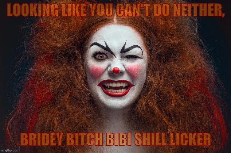 Vampire Clown Redhead | LOOKING LIKE YOU CAN'T DO NEITHER, BRIDEY BITCH BIBI SHILL LICKER | image tagged in vampire clown redhead | made w/ Imgflip meme maker