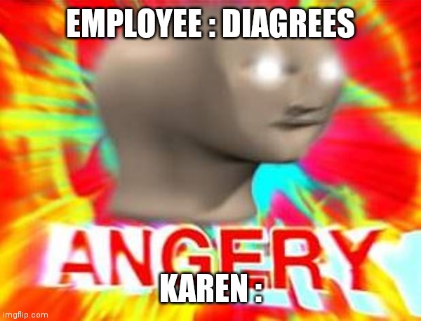 Surreal Angery | EMPLOYEE : DIAGREES; KAREN : | image tagged in surreal angery | made w/ Imgflip meme maker