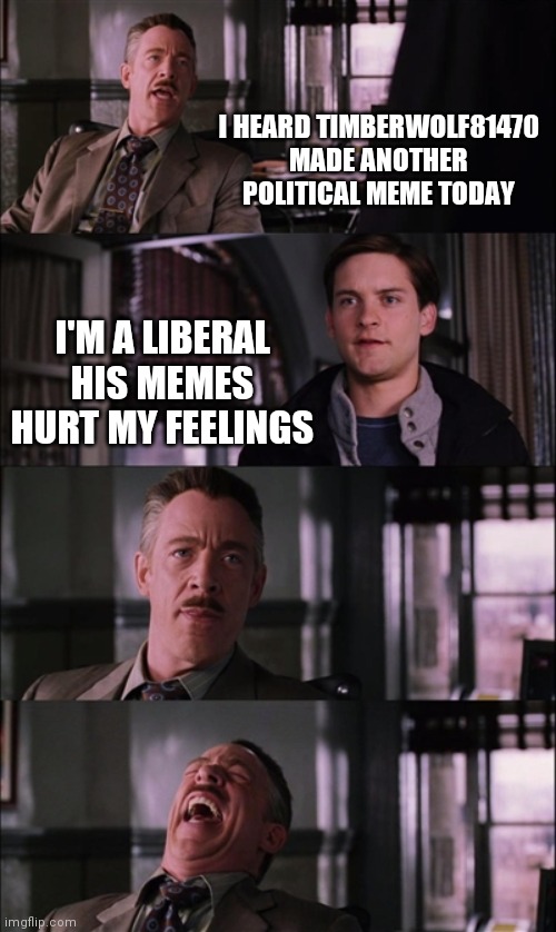 Spiderman Laugh | I HEARD TIMBERWOLF81470 MADE ANOTHER POLITICAL MEME TODAY; I'M A LIBERAL HIS MEMES HURT MY FEELINGS | image tagged in memes,spiderman laugh | made w/ Imgflip meme maker