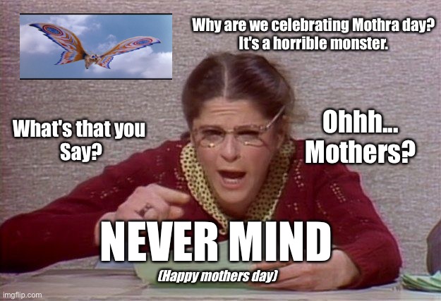 Why are we celebrating Mothra day?
It's a horrible monster. Ohhh... Mothers? What's that you 
Say? NEVER MIND; (Happy mothers day) | image tagged in happy mother's day | made w/ Imgflip meme maker