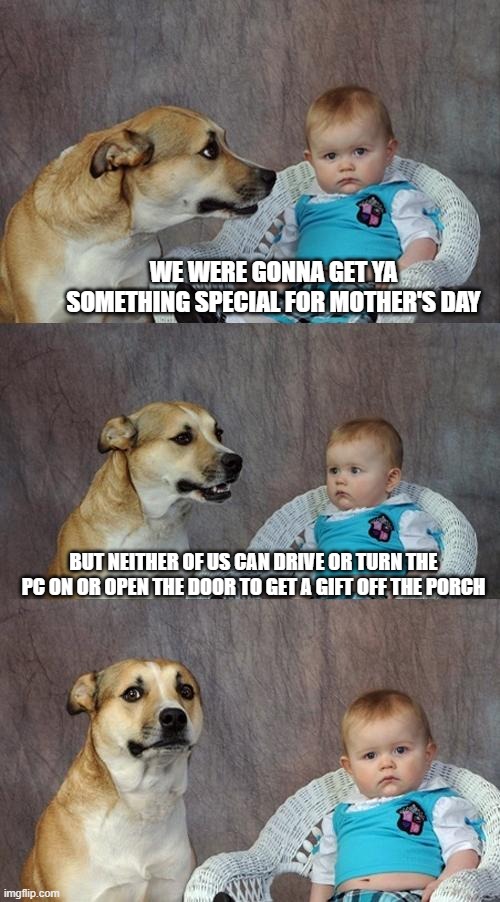 Dad Joke Dog Meme | WE WERE GONNA GET YA SOMETHING SPECIAL FOR MOTHER'S DAY; BUT NEITHER OF US CAN DRIVE OR TURN THE PC ON OR OPEN THE DOOR TO GET A GIFT OFF THE PORCH | image tagged in memes,dad joke dog | made w/ Imgflip meme maker