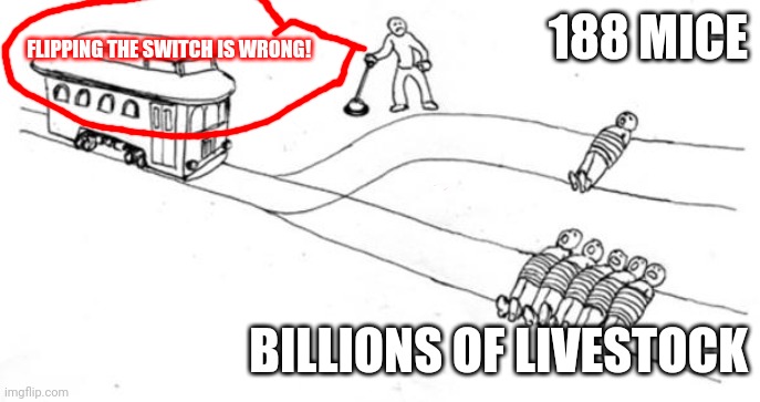 Trolley Problem | FLIPPING THE SWITCH IS WRONG! 188 MICE; BILLIONS OF LIVESTOCK | image tagged in trolley problem | made w/ Imgflip meme maker