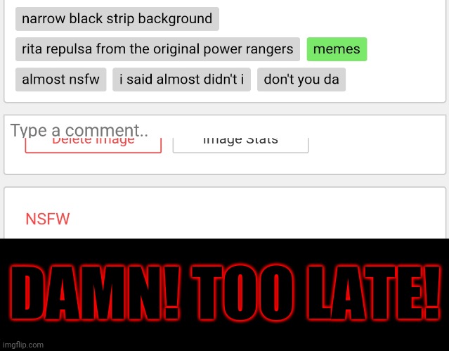 Missed it by *that* much... | DAMN! TOO LATE! | image tagged in narrow black strip background,memes,the real joke is in the tags,whoever flagged it should be ashamed,on my mama it wasn't me,tr | made w/ Imgflip meme maker