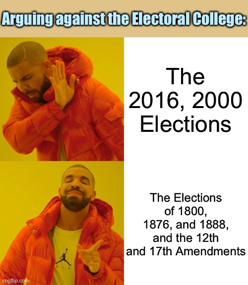 Conservatives are too blinded by partisanship to care about 2000 and 2016. You’ll have to reach further back in history. | Arguing against the Electoral College:; The 2016, 2000 Elections; The Elections of 1800, 1876, and 1888, and the 12th and 17th Amendments | image tagged in memes,drake hotline bling,conservative logic,history,electoral college,popular vote | made w/ Imgflip meme maker