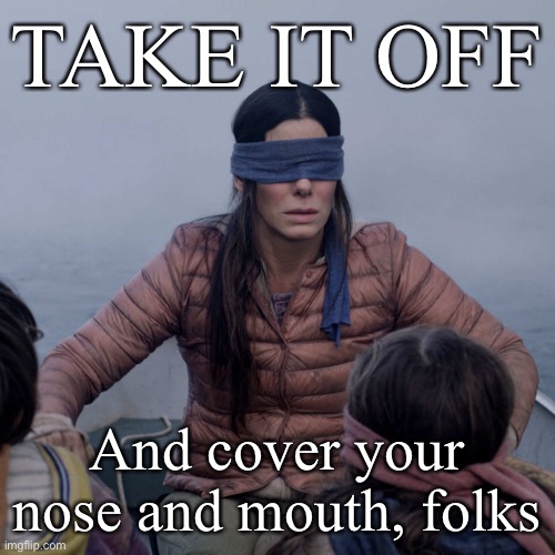 When they suggest the WHO and CDC are pulling the wool over your eyes. | TAKE IT OFF; And cover your nose and mouth, folks | image tagged in memes,bird box,face mask,conservative logic,covid-19,coronavirus | made w/ Imgflip meme maker
