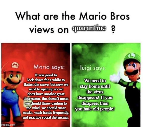 Mario Bros Views | quarantine; It was good to lock down for a while to flatten the curve, but now we need to open up so we don't have another great depression. this doesn't mean we should throw caution to the wind. we should wear masks, wash hands frequently, and practice social distancing. We need to stay home until the virus disappears! If you disagree, then you hate old people! | image tagged in mario bros views | made w/ Imgflip meme maker