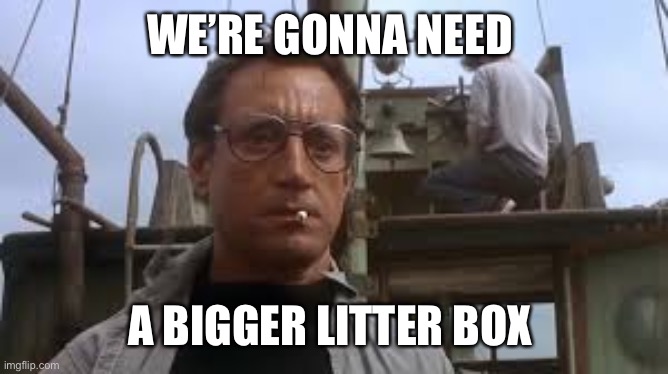 We’re gonna need a bigger boat | WE’RE GONNA NEED A BIGGER LITTER BOX | image tagged in were gonna need a bigger boat | made w/ Imgflip meme maker