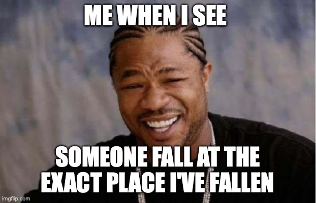 Whoops ive mcfallen | ME WHEN I SEE; SOMEONE FALL AT THE EXACT PLACE I'VE FALLEN | image tagged in memes,yo dawg heard you | made w/ Imgflip meme maker