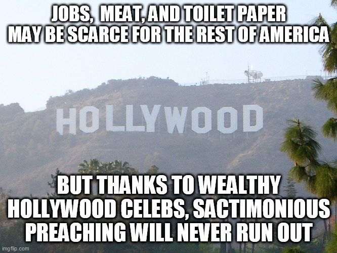 Hypocritical dipsticks | JOBS,  MEAT, AND TOILET PAPER MAY BE SCARCE FOR THE REST OF AMERICA; BUT THANKS TO WEALTHY HOLLYWOOD CELEBS, SACTIMONIOUS PREACHING WILL NEVER RUN OUT | image tagged in hollywood sign | made w/ Imgflip meme maker