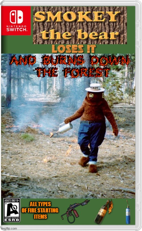 ONLY HE CAN PREVENT YOU FROM STOPPING FOREST FIRES | ALL TYPES OF FIRE STARTING 
ITEMS | image tagged in smokey the bear,smokey bear,forest fire,fire,nintendo switch,fake switch games | made w/ Imgflip meme maker