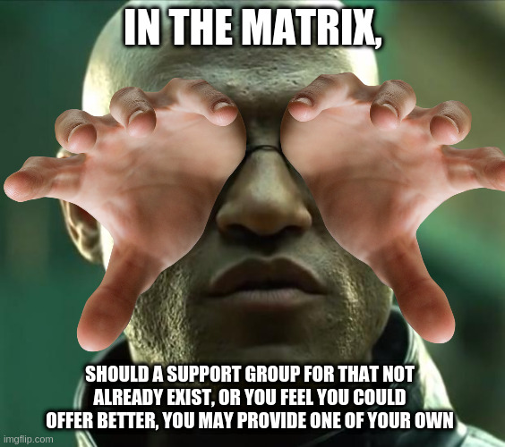 Morpheus - Go Verbose Yourself | IN THE MATRIX, SHOULD A SUPPORT GROUP FOR THAT NOT ALREADY EXIST, OR YOU FEEL YOU COULD OFFER BETTER, YOU MAY PROVIDE ONE OF YOUR OWN | image tagged in morpheus,tech support | made w/ Imgflip meme maker