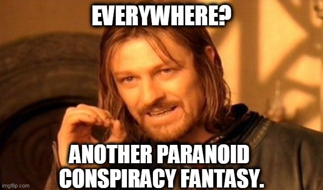 One Does Not Simply Meme | EVERYWHERE? ANOTHER PARANOID 
CONSPIRACY FANTASY. | image tagged in memes,one does not simply | made w/ Imgflip meme maker