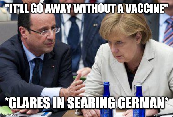 Through the Power Of IMAGINATION | "IT'LL GO AWAY WITHOUT A VACCINE"; *GLARES IN SEARING GERMAN* | image tagged in german,covid | made w/ Imgflip meme maker