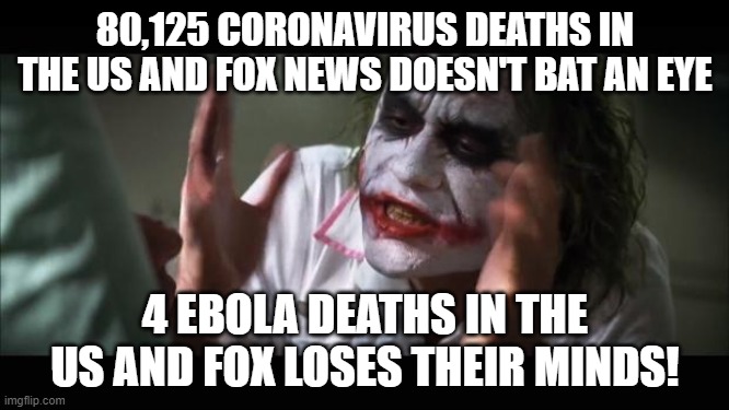 20,031x as many deaths! | 80,125 CORONAVIRUS DEATHS IN THE US AND FOX NEWS DOESN'T BAT AN EYE; 4 EBOLA DEATHS IN THE US AND FOX LOSES THEIR MINDS! | image tagged in memes,and everybody loses their minds | made w/ Imgflip meme maker
