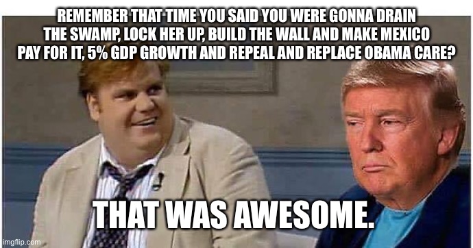 What’s he gonna run on now? | REMEMBER THAT TIME YOU SAID YOU WERE GONNA DRAIN THE SWAMP, LOCK HER UP, BUILD THE WALL AND MAKE MEXICO PAY FOR IT, 5% GDP GROWTH AND REPEAL AND REPLACE OBAMA CARE? THAT WAS AWESOME. | image tagged in remember that time | made w/ Imgflip meme maker