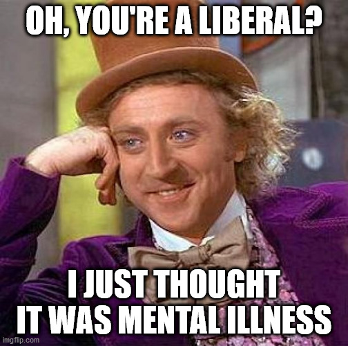 Liberal | OH, YOU'RE A LIBERAL? I JUST THOUGHT IT WAS MENTAL ILLNESS | image tagged in memes,creepy condescending wonka | made w/ Imgflip meme maker