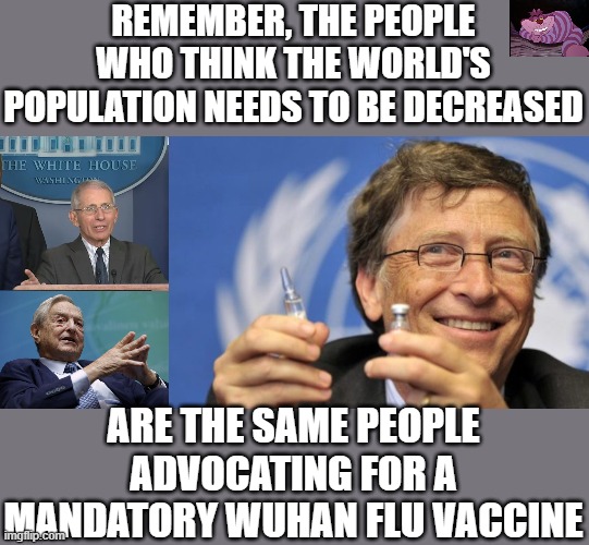 They also want a microchip implanted to track who got it. | REMEMBER, THE PEOPLE WHO THINK THE WORLD'S POPULATION NEEDS TO BE DECREASED; ARE THE SAME PEOPLE ADVOCATING FOR A MANDATORY WUHAN FLU VACCINE | image tagged in george soros,bill gates loves vaccines,dr fauci | made w/ Imgflip meme maker