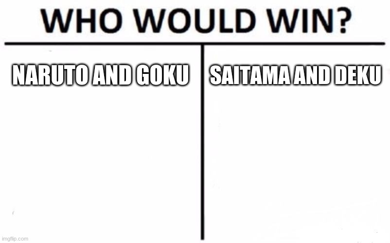 questions questions | NARUTO AND GOKU; SAITAMA AND DEKU | image tagged in memes,who would win | made w/ Imgflip meme maker