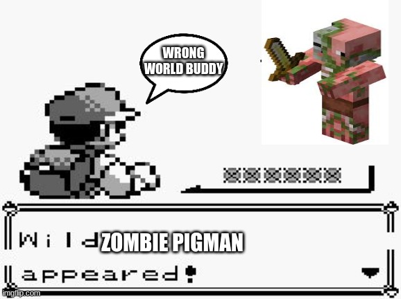 pokemon appears | WRONG WORLD BUDDY; ZOMBIE PIGMAN | image tagged in pokemon appears | made w/ Imgflip meme maker