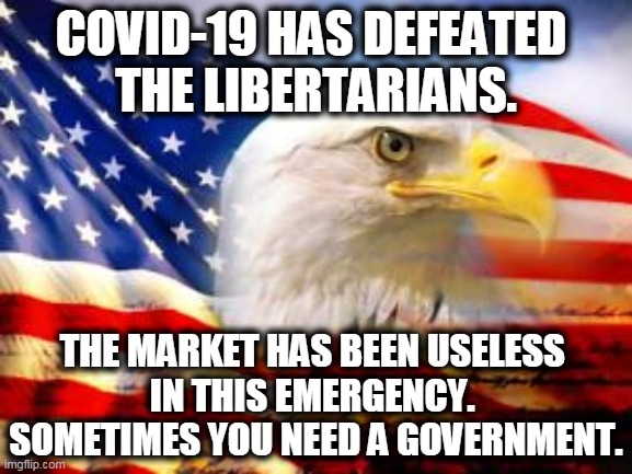 If you don't agree, send back your $1200 checks. | COVID-19 HAS DEFEATED 
THE LIBERTARIANS. THE MARKET HAS BEEN USELESS 
IN THIS EMERGENCY. 
SOMETIMES YOU NEED A GOVERNMENT. | image tagged in american flag,coronavirus,covid-19,libertarian,market,government | made w/ Imgflip meme maker