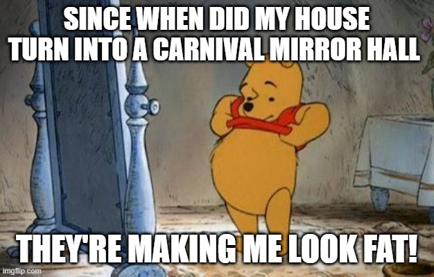 Pooh Mirror | SINCE WHEN DID MY HOUSE TURN INTO A CARNIVAL MIRROR HALL; THEY'RE MAKING ME LOOK FAT! | image tagged in pooh mirror | made w/ Imgflip meme maker