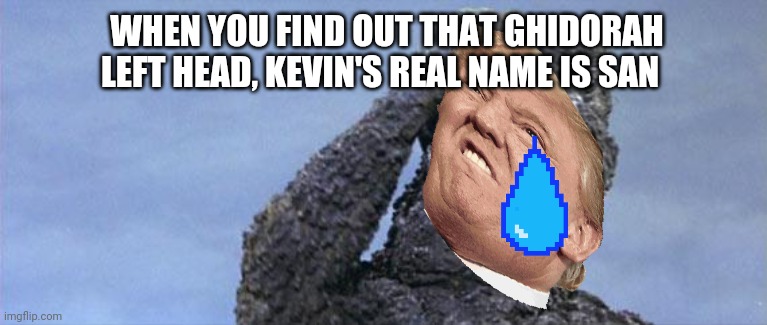 godzilla facepalm | WHEN YOU FIND OUT THAT GHIDORAH LEFT HEAD, KEVIN'S REAL NAME IS SAN | image tagged in godzilla facepalm | made w/ Imgflip meme maker