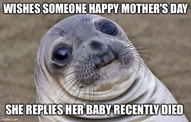 Awkward Seal | WISHES SOMEONE HAPPY MOTHER'S DAY; SHE REPLIES HER BABY RECENTLY DIED | image tagged in awkward seal | made w/ Imgflip meme maker