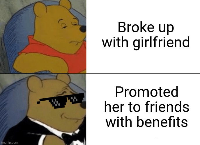 Tuxedo Winnie The Pooh Meme | Broke up with girlfriend Promoted her to friends with benefits | image tagged in memes,tuxedo winnie the pooh | made w/ Imgflip meme maker