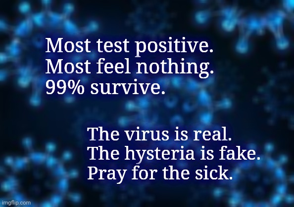 Basics | Most test positive. 
Most feel nothing.  
99% survive. The virus is real.
The hysteria is fake.
Pray for the sick. | image tagged in virus,ConservativeMemes | made w/ Imgflip meme maker