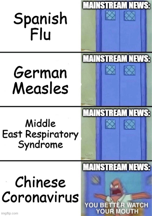 When it's racist to name a virus after its region of origin | Spanish Flu; MAINSTREAM NEWS:; German Measles; MAINSTREAM NEWS:; Middle East Respiratory Syndrome; MAINSTREAM NEWS:; Chinese Coronavirus; MAINSTREAM NEWS: | image tagged in you better watch your mouth 4-panel | made w/ Imgflip meme maker