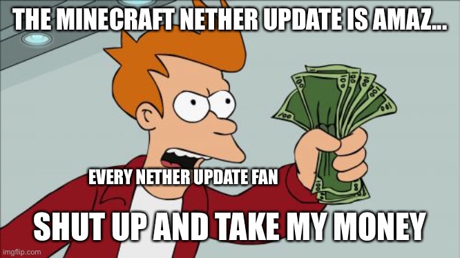 NETHER UPDATE | THE MINECRAFT NETHER UPDATE IS AMAZ... EVERY NETHER UPDATE FAN; SHUT UP AND TAKE MY MONEY | image tagged in memes,shut up and take my money fry | made w/ Imgflip meme maker