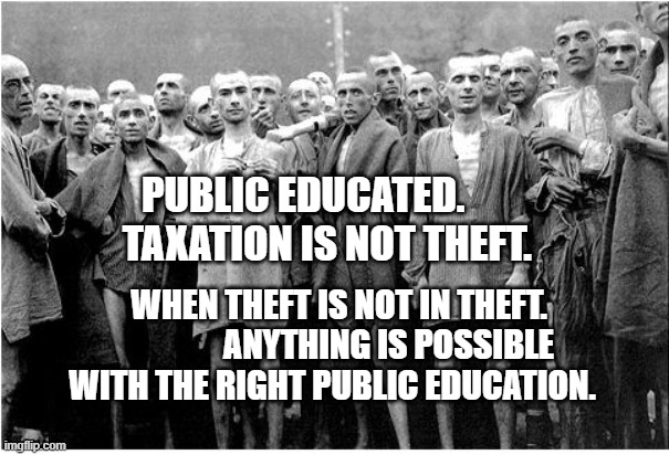 Holocaust  | PUBLIC EDUCATED.       TAXATION IS NOT THEFT. WHEN THEFT IS NOT IN THEFT.                ANYTHING IS POSSIBLE WITH THE RIGHT PUBLIC EDUCATION. | image tagged in holocaust | made w/ Imgflip meme maker
