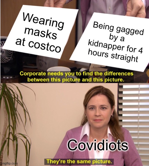 They're The Same Picture Meme | Wearing masks at costco; Being gagged by a kidnapper for 4 hours straight; Covidiots | image tagged in memes,they're the same picture,covid-19,costco,masks,covidiots | made w/ Imgflip meme maker