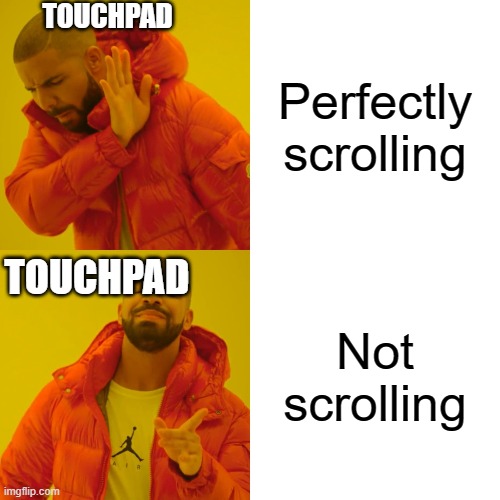 This is happening to me right nowMy touchpad is not scrolling | TOUCHPAD; Perfectly scrolling; TOUCHPAD; Not scrolling | image tagged in memes,drake hotline bling | made w/ Imgflip meme maker