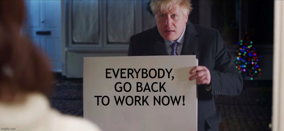 Boris Has Spoken | EVERYBODY, GO BACK TO WORK NOW! | image tagged in boris johnson | made w/ Imgflip meme maker