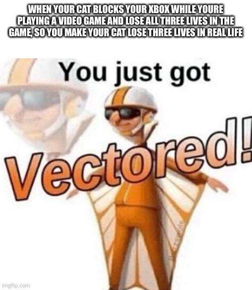 Get it? Cuz cats have nine lives? | WHEN YOUR CAT BLOCKS YOUR XBOX WHILE YOURE PLAYING A VIDEO GAME AND LOSE ALL THREE LIVES IN THE GAME, SO YOU MAKE YOUR CAT LOSE THREE LIVES IN REAL LIFE | image tagged in you just got vectored | made w/ Imgflip meme maker
